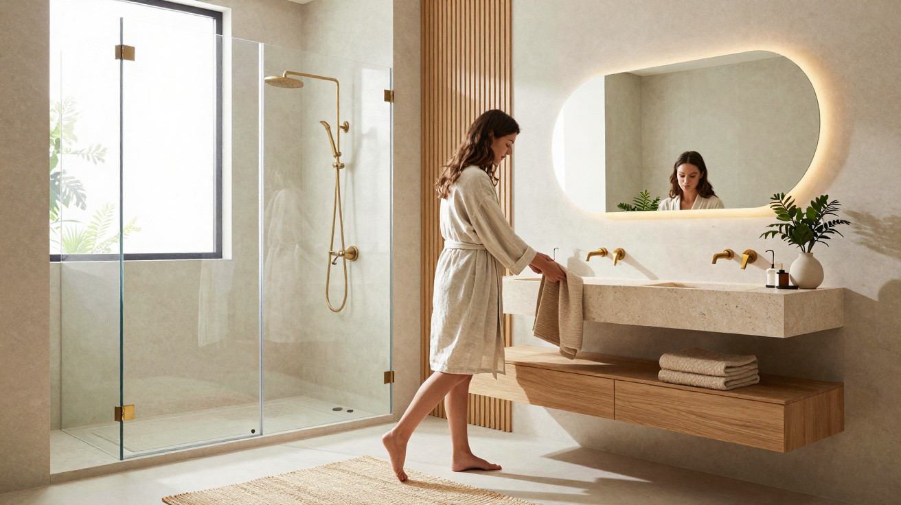 Mulher com robe branco em banheiro moderno com ducha de vidro, espelho oval iluminado e bancada de pedra.