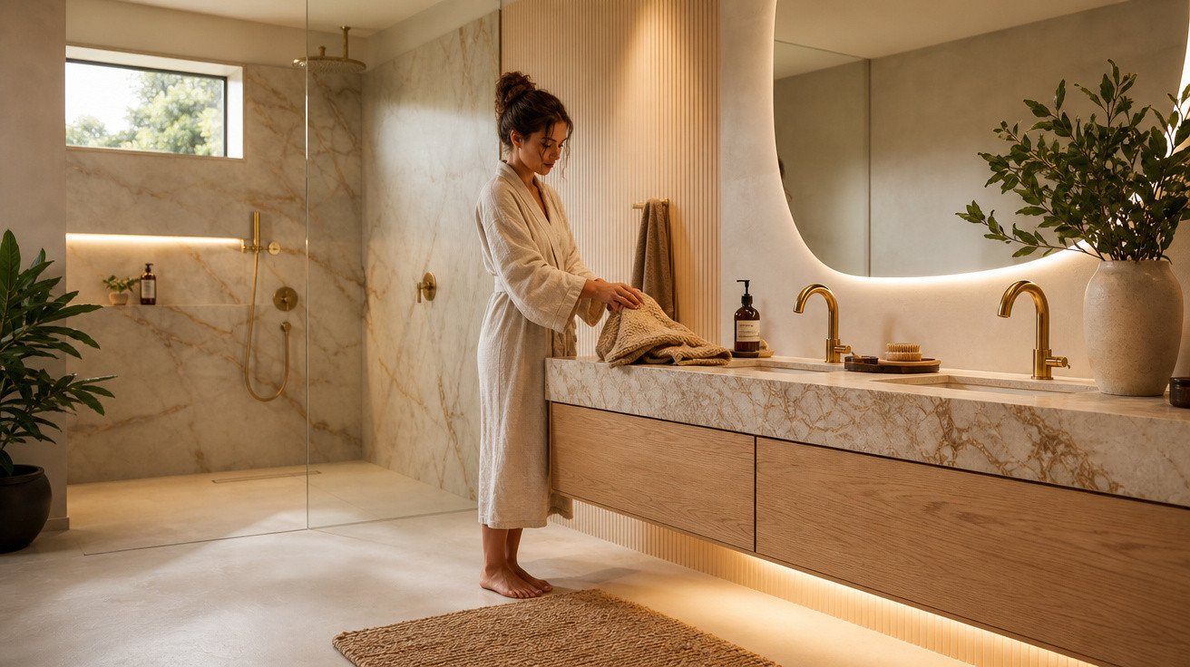 Mulher de robe branco organiza toalha em banheiro moderno com bancada de mármore e plantas decorativas.