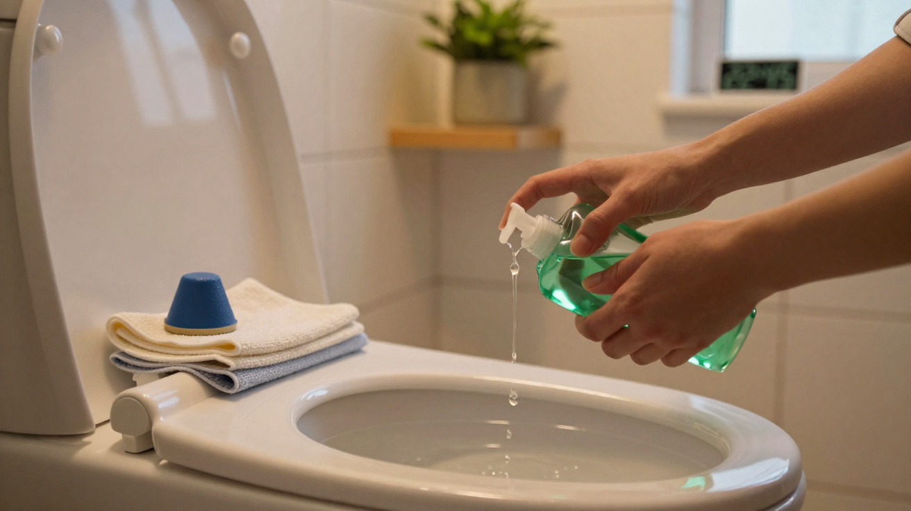 Mãos aplicando detergente líquido para limpar assento de vaso sanitário branco em banheiro.