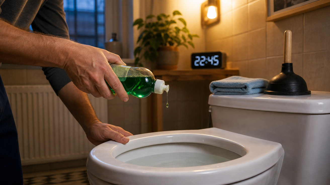 Pessoa derramando líquido verde para limpar vaso sanitário em banheiro à noite.