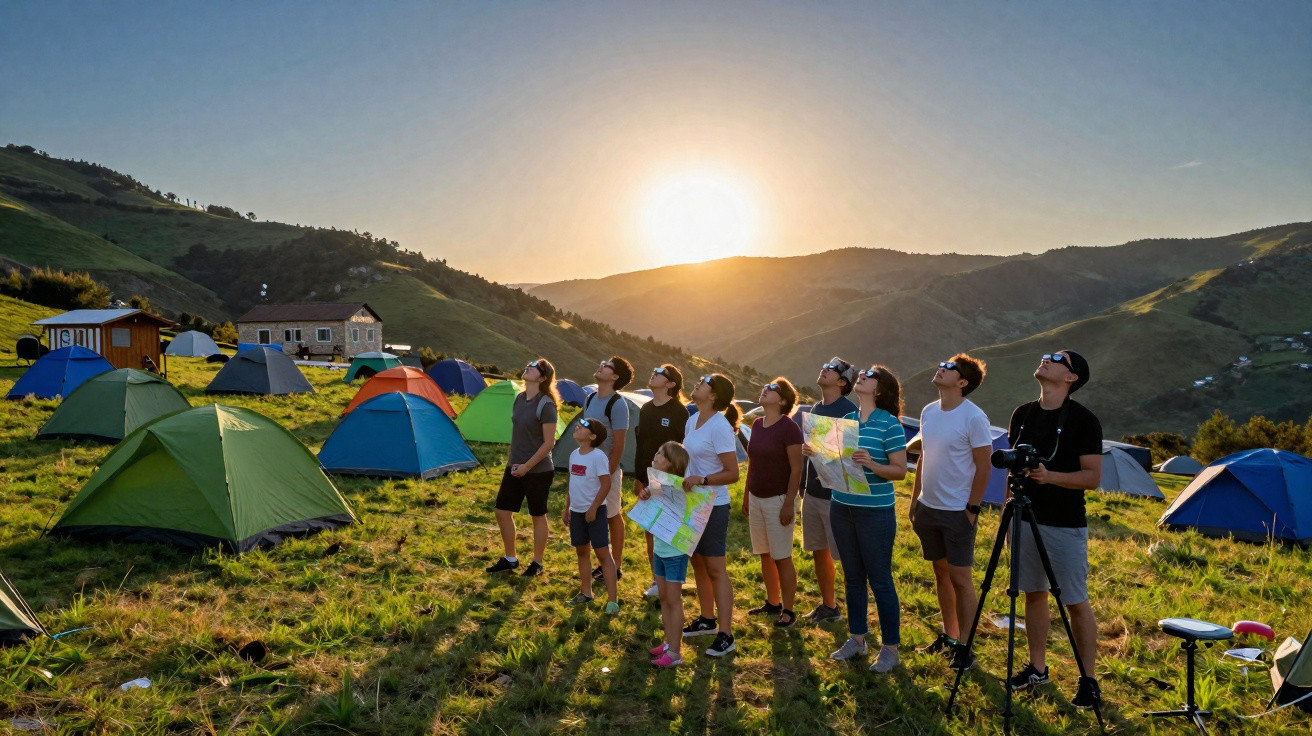 Grupo observando eclipse solar com óculos em área de camping entre montanhas ao pôr do sol.