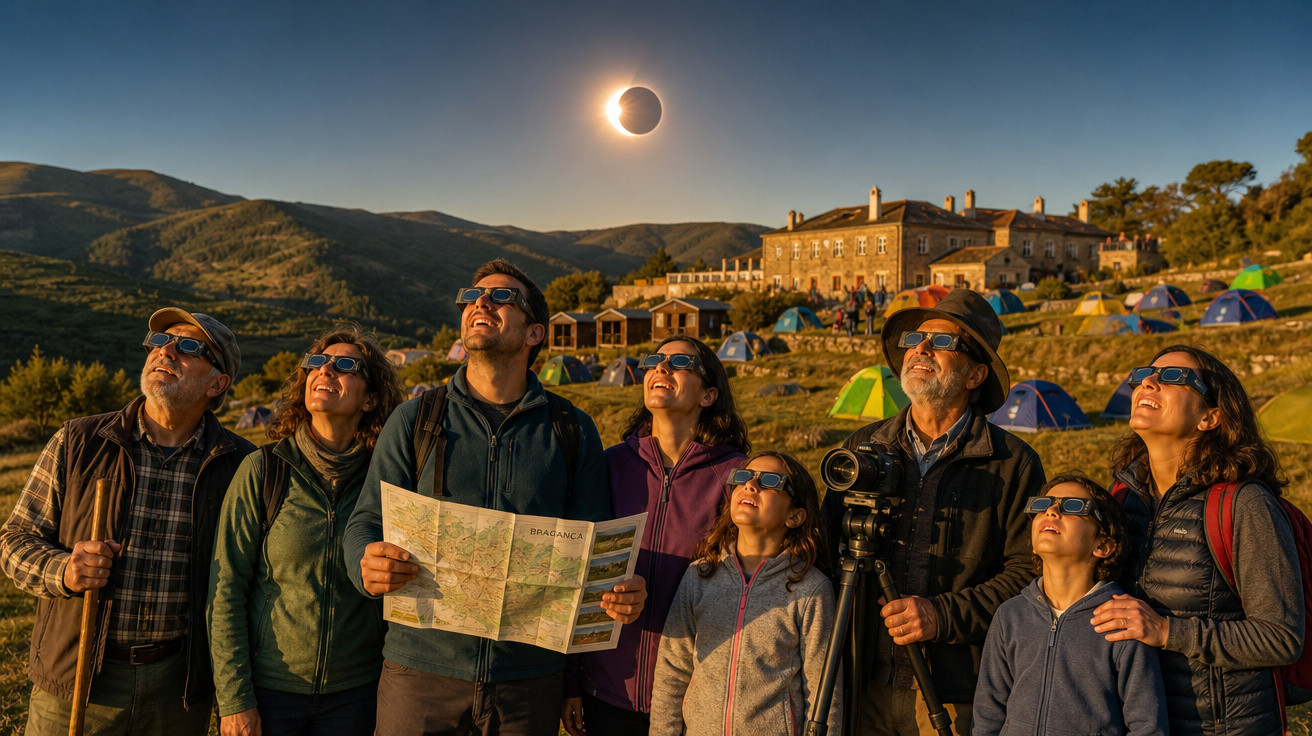 Grupo de pessoas de óculos escuros observando eclipse solar em área montanhosa com barracas ao fundo.