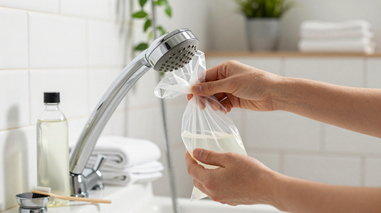 Mãos seguram saco plástico com líquido sob chuveiro em banheiro com toalhas e produtos.