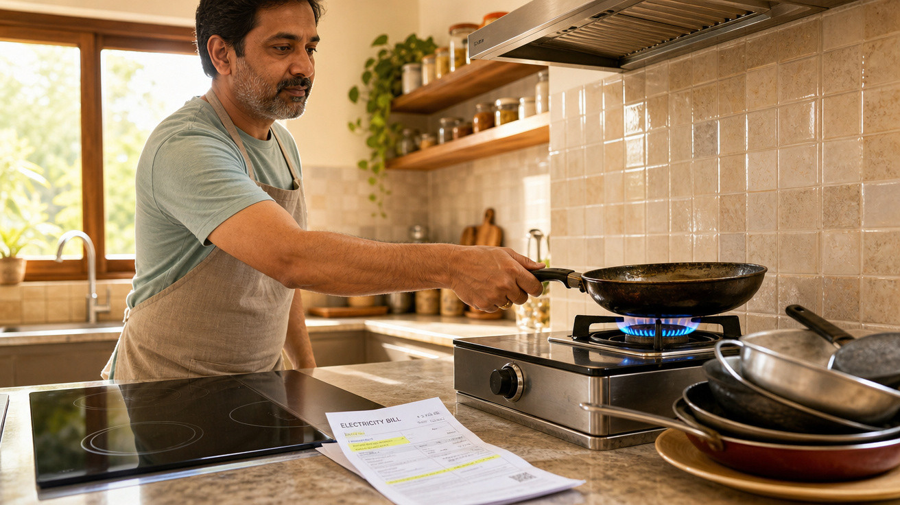 Homem com avental cozinhandocom frigideira sobre fogão a gás em cozinha moderna ensolarada.