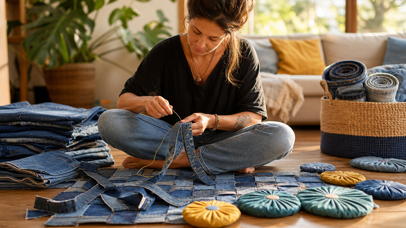 Mulher sentada no chão costura tiras de jeans para criar tecido reciclado em ambiente acolhedor.