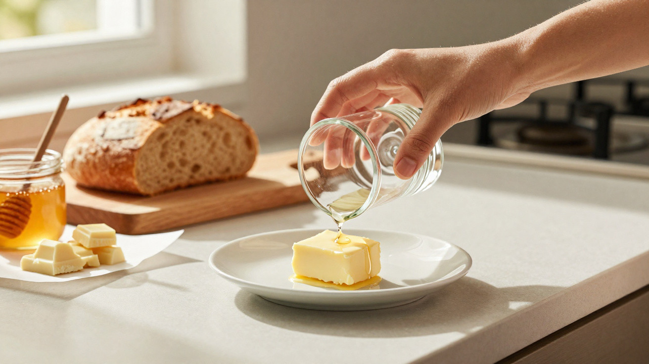 Mão derramando mel sobre um pedaço de manteiga em um prato branco, com pão e mel ao fundo em cozinha.