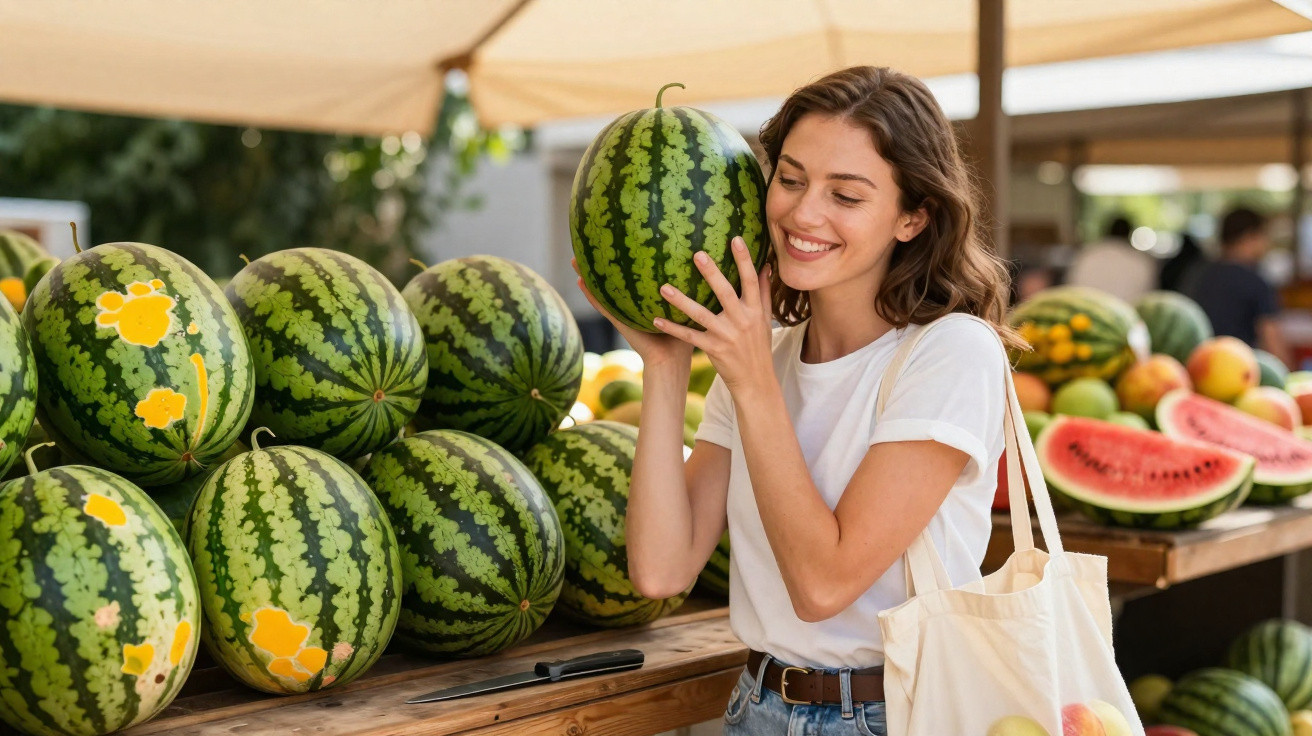 Mulher sorridente segurando melancia em feira ao ar livre com várias frutas ao fundo.