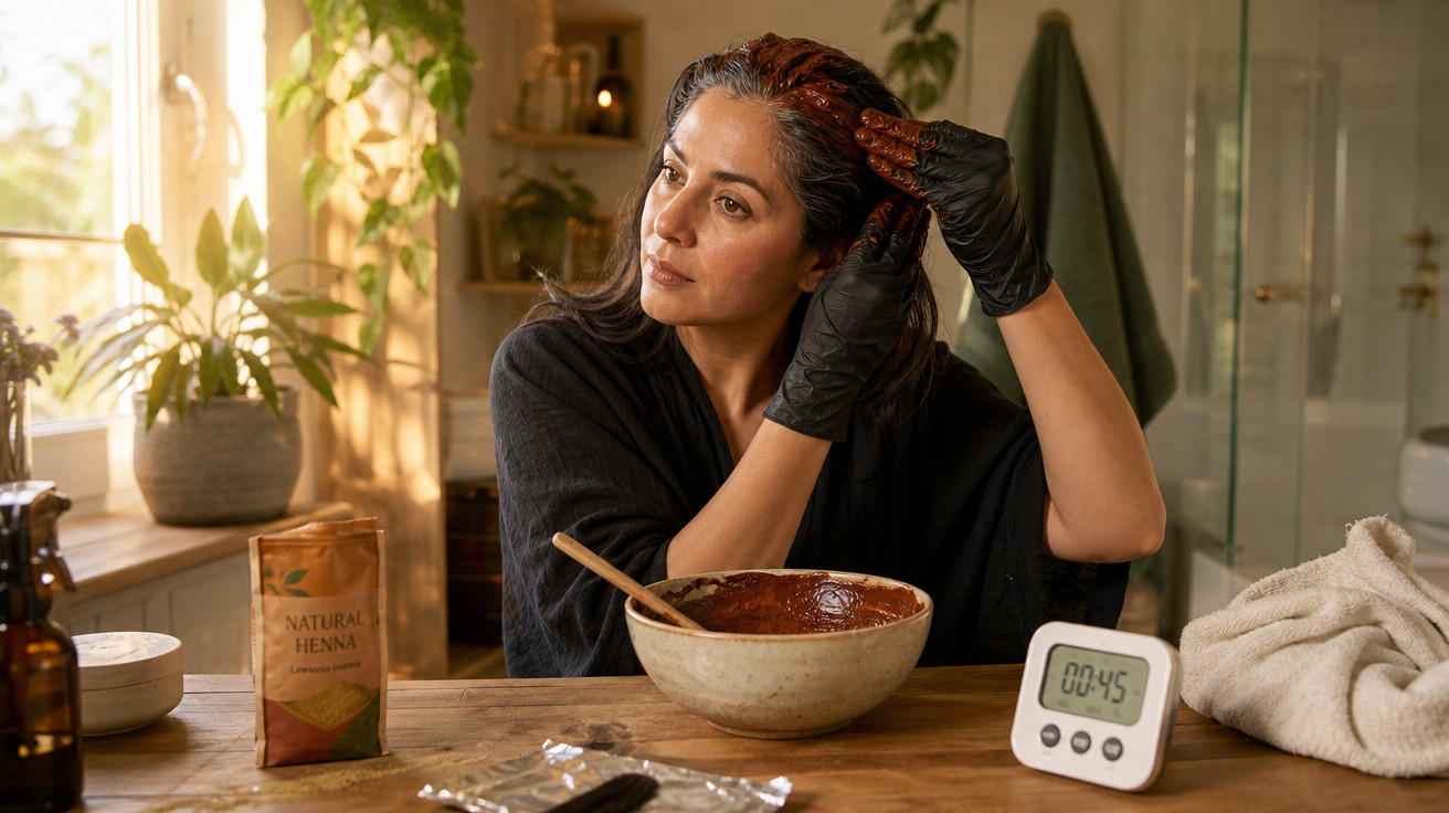 Mulher aplicando henna no cabelo, sentada à mesa com tigela, timer e pacotes de produtos ao redor.