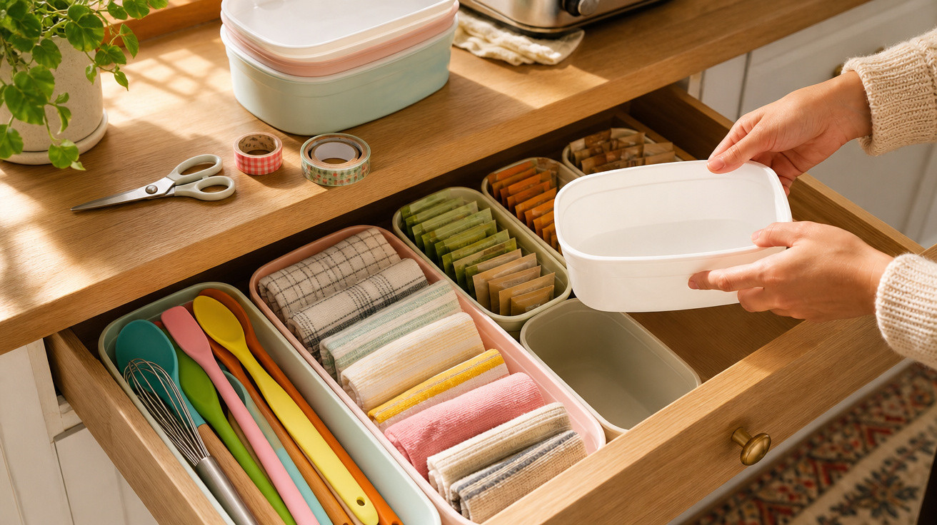 Gaveta de madeira organizada com utensílios de cozinha, panos coloridos e sachês em recipientes plásticos.