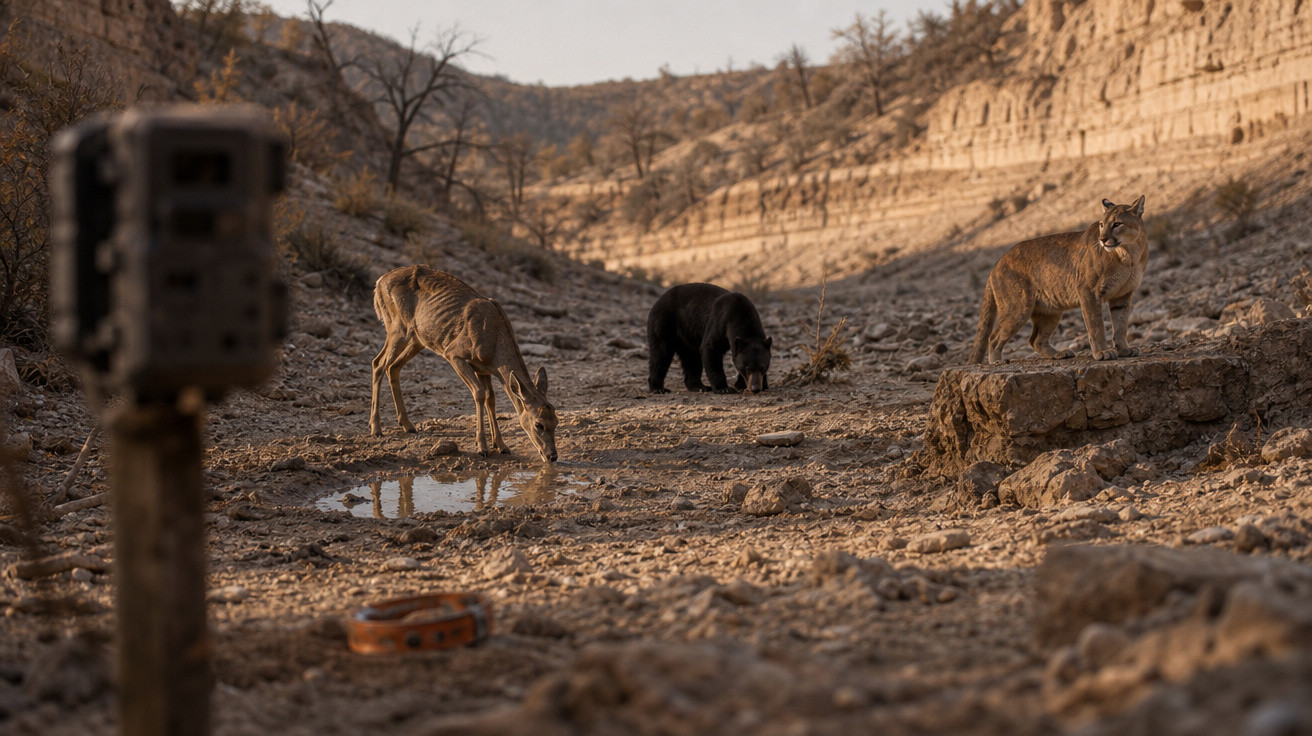 Camera de monitoramento em área seca com veado, urso e puma reunidos próximo a poça d'água.