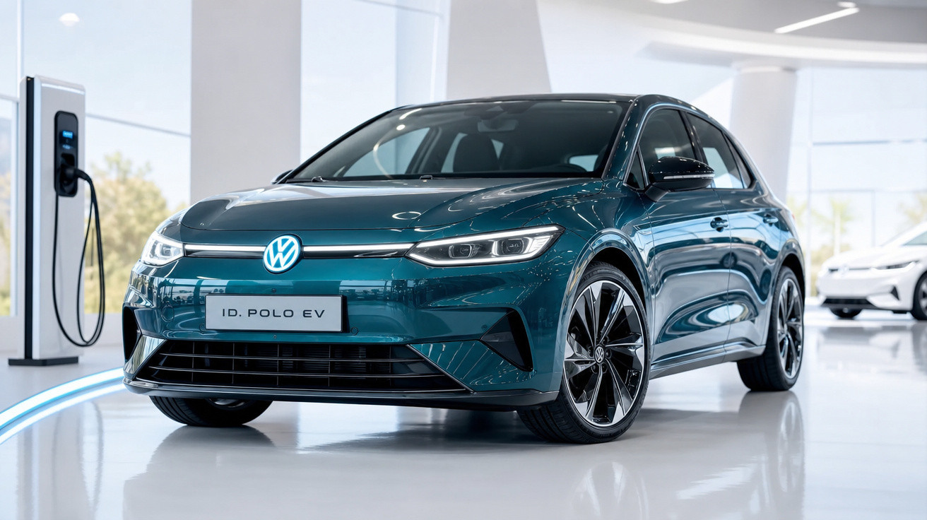 Carro elétrico Volkswagen ID. Polo EV azul em showroom moderno com estação de recarga ao lado.