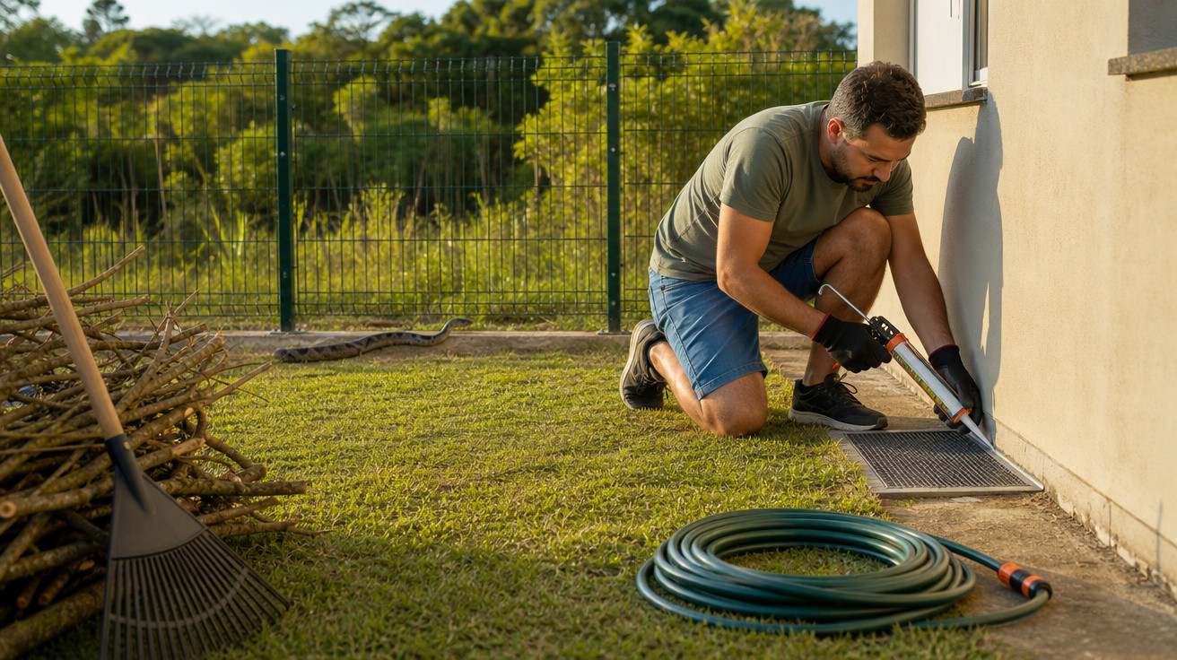 Homem aplicando selante em grade de ventilação externa de casa no jardim, com mangueira e ancinho próximos.