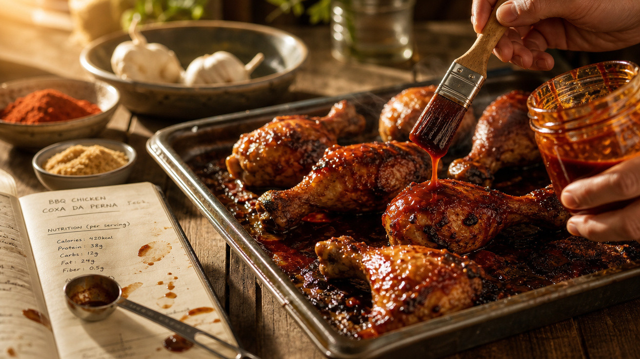 Coxa de frango sendo pincelada com molho barbecue em assadeira, ao lado de temperos e receitas.