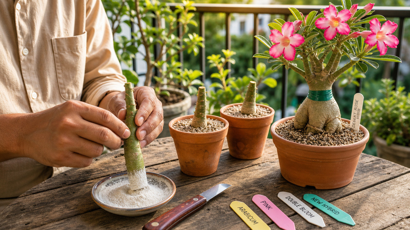 Pessoa cultivando mudas de rosa-do-deserto em vaso, com etiquetas coloridas e flores rosas ao fundo.