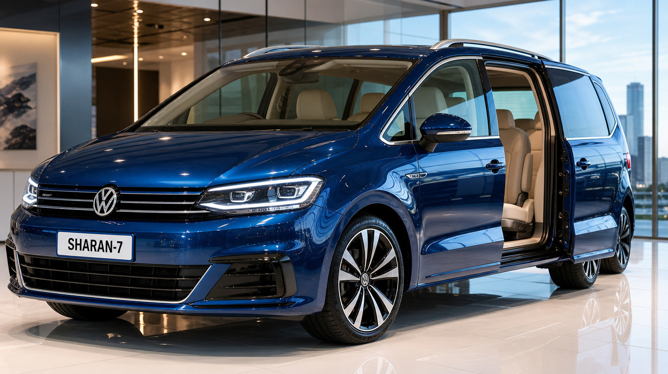 Carro Volkswagen Sharan-7 azul com porta lateral deslizante aberta em showroom moderno.