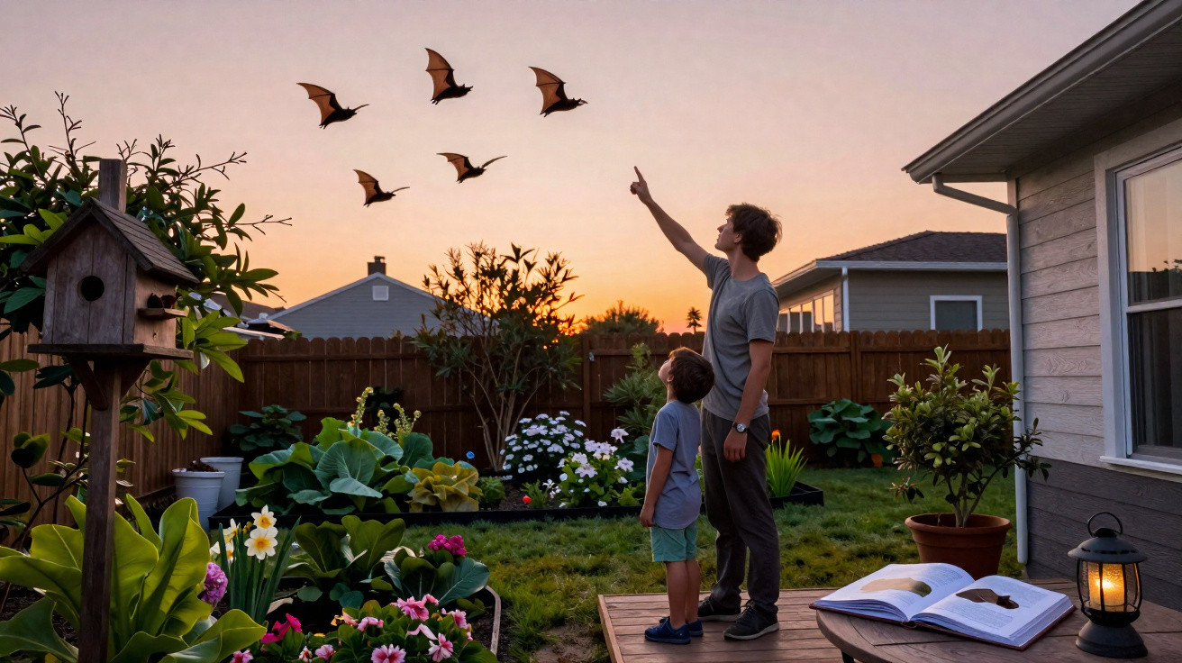 Pai e filho observam morcegos voando ao pôr do sol em um jardim florido de casa residencial.