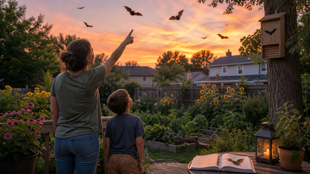 Mulher e criança observam morcegos voando ao pôr do sol em jardim com flores e árvores.