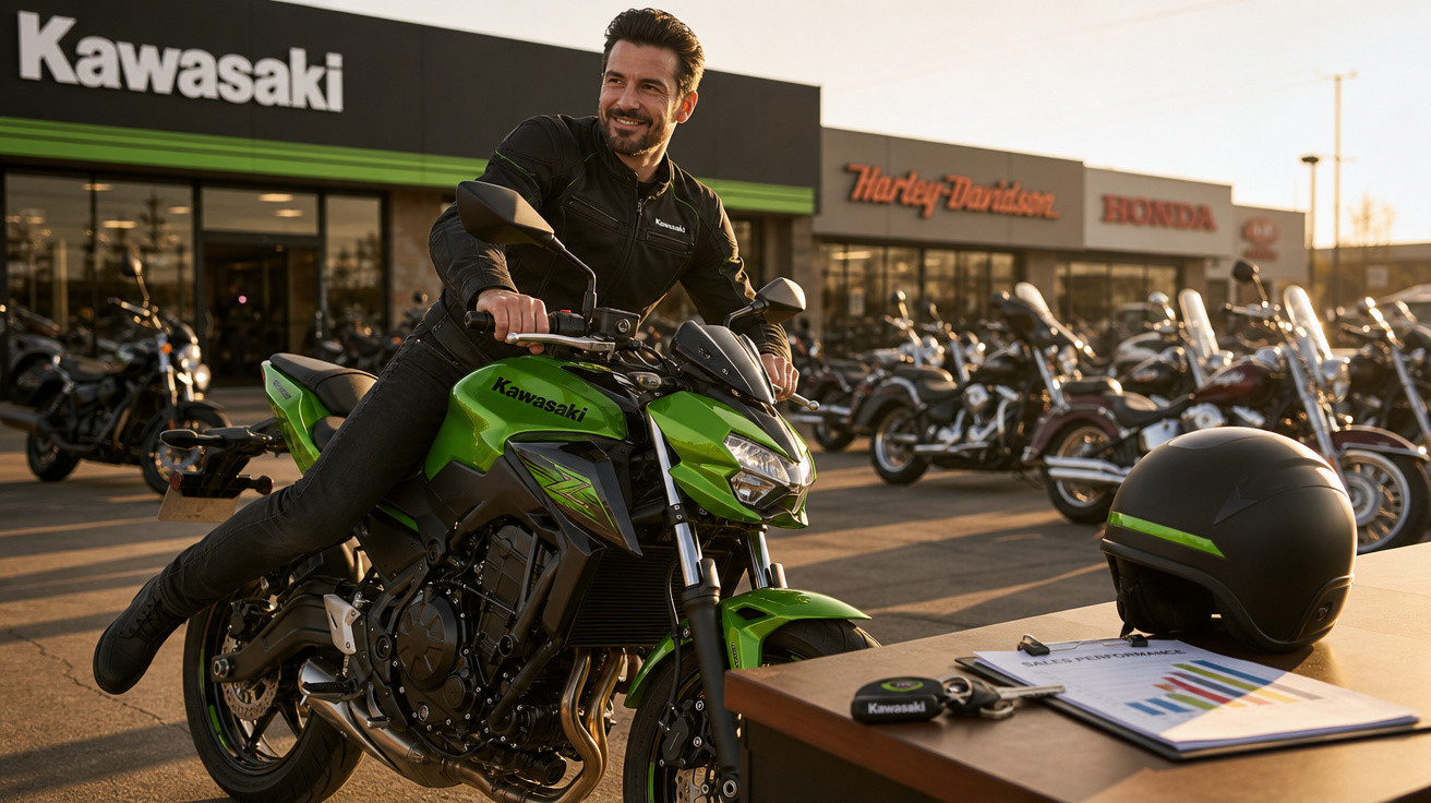 Homem sorrindo monta motocicleta verde Kawasaki em frente a loja com várias motos ao fundo.