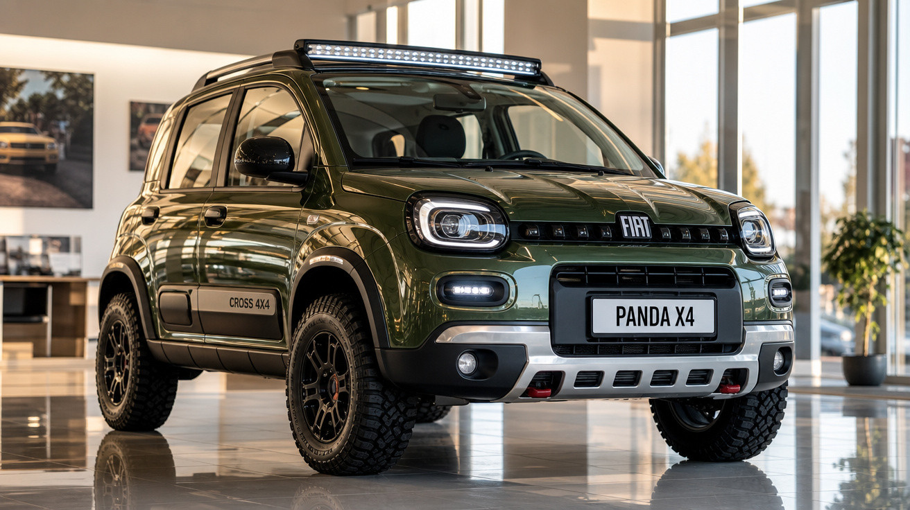 SUV Fiat Panda X4 verde, exibido em showroom moderno, com faróis de LED e pneus robustos off-road.