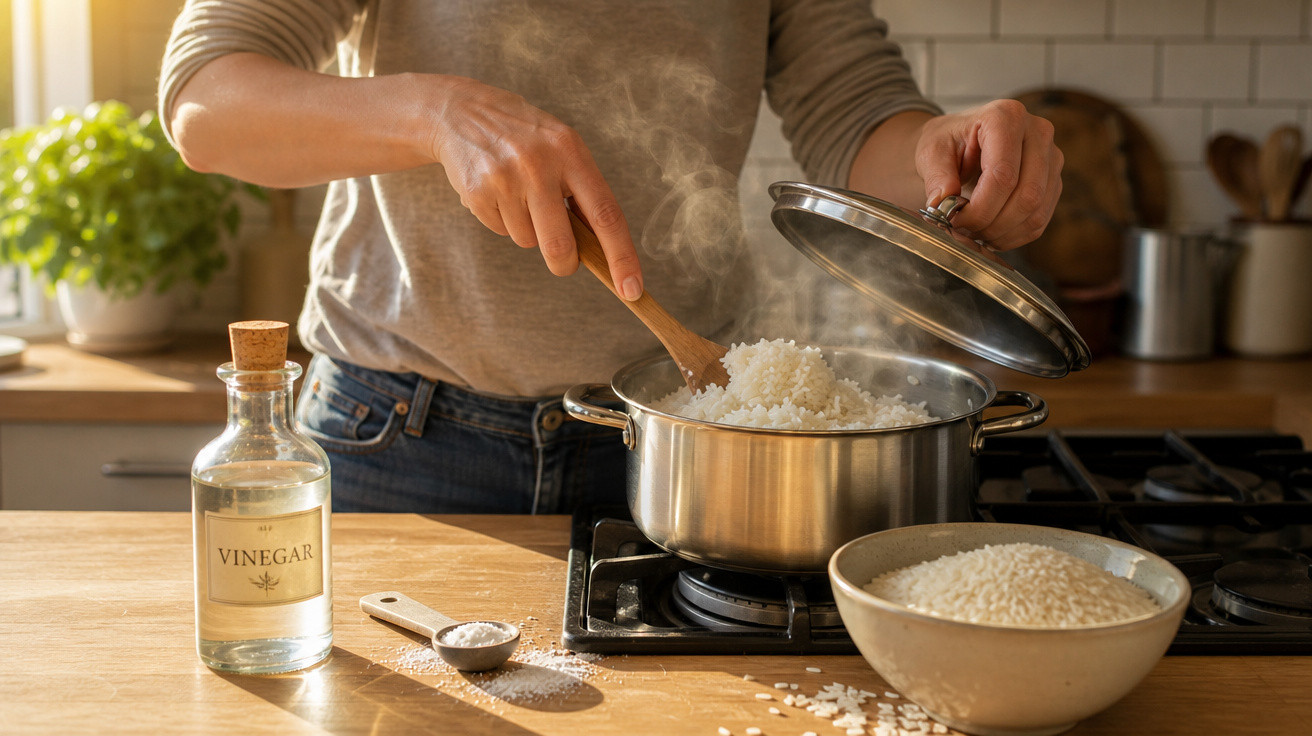 Pessoa mexendo arroz cozido em panela na cozinha com vinagre e tigela de arroz cru na bancada.