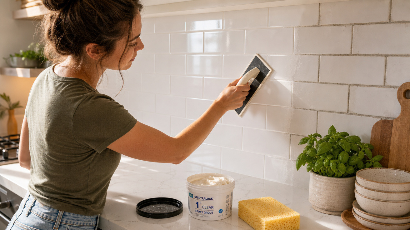 Mulher aplicando rejunte em azulejos brancos na cozinha com ferramentas e planta ao lado.