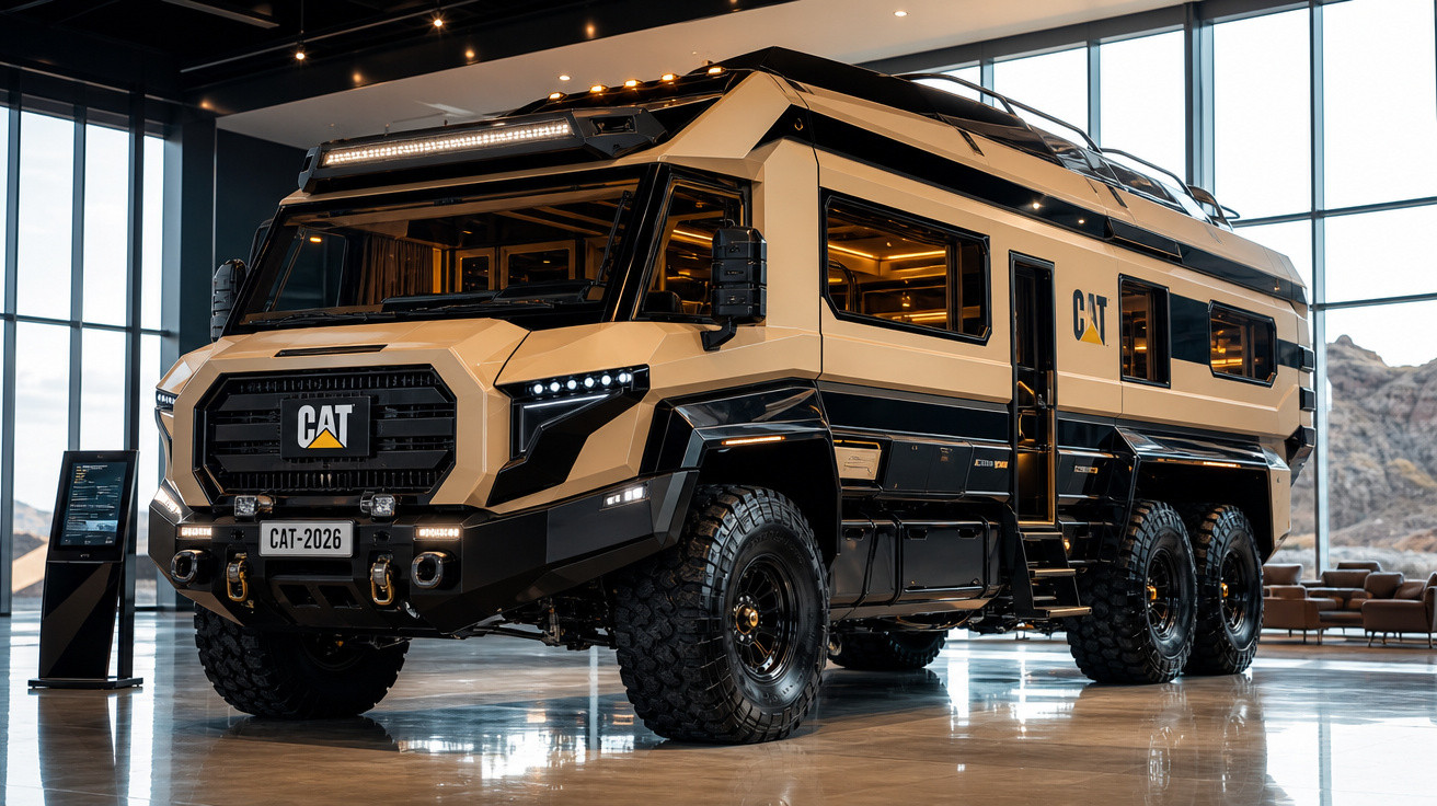 Veículo off-road gigante CAT 2026 exposto em salão moderno com janelas amplas e vista externa.