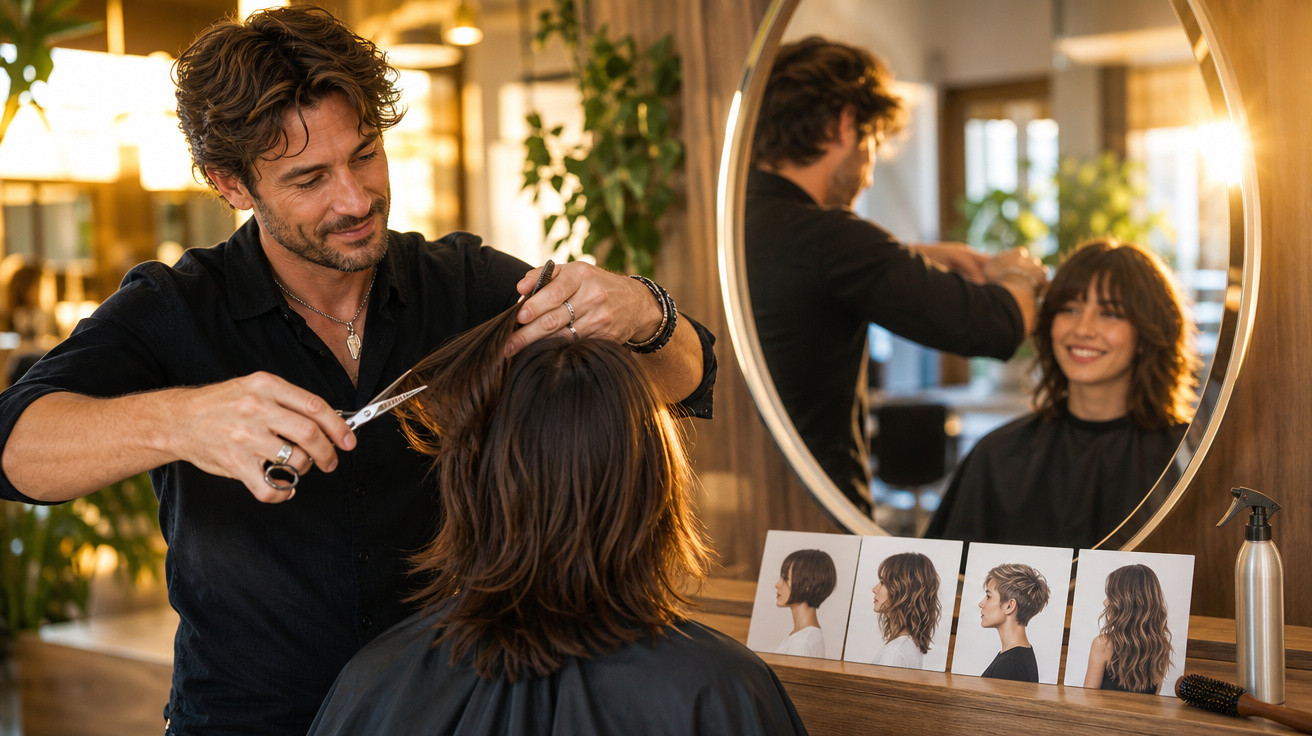 Homem cortando cabelo de mulher sorridente em salão moderno com espelho e fotos de cortes variados.