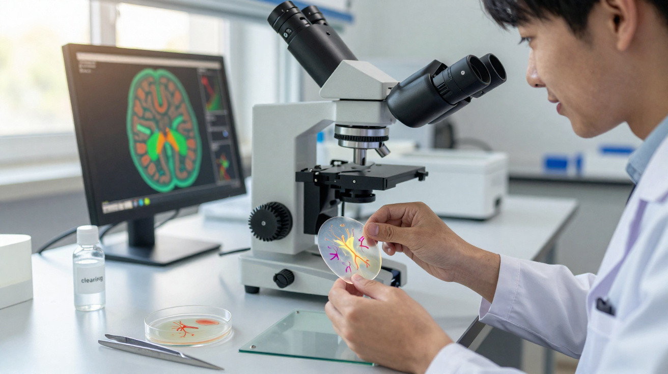Cientista analisando lâmina com imagem de neurônios em laboratório com microscópio e tela digital.