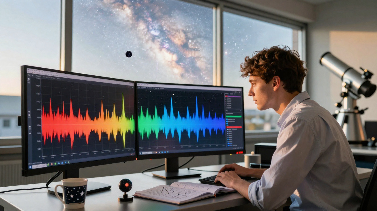 Homem analisando ondas sonoras coloridas em dois monitores com telescópio e céu estrelado ao fundo.