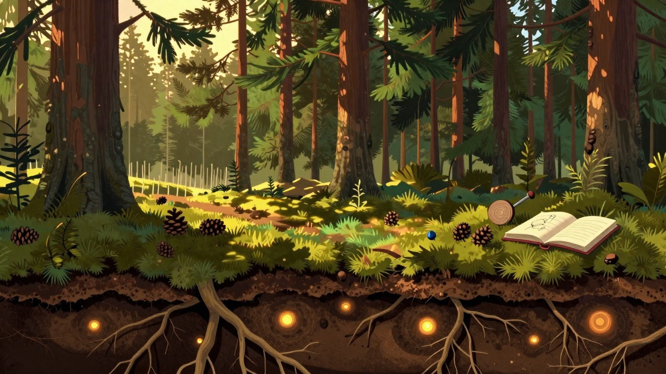 Floresta com árvores, pinhas, raízes iluminadas no subsolo, livro aberto e uma garrafa no chão.