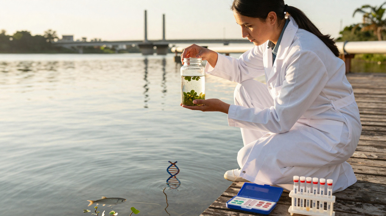 Cientista analisa amostra de água e plantas em lagoa, com tubos de ensaio e modelo de DNA ao redor.