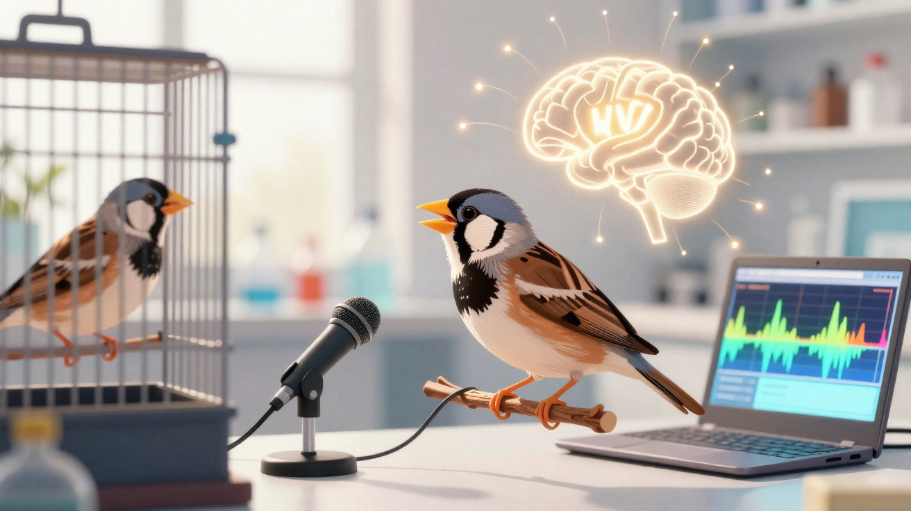 Pássaro em laboratório com microfone e laptop, simbolizando estudo da comunicação e atividade cerebral.