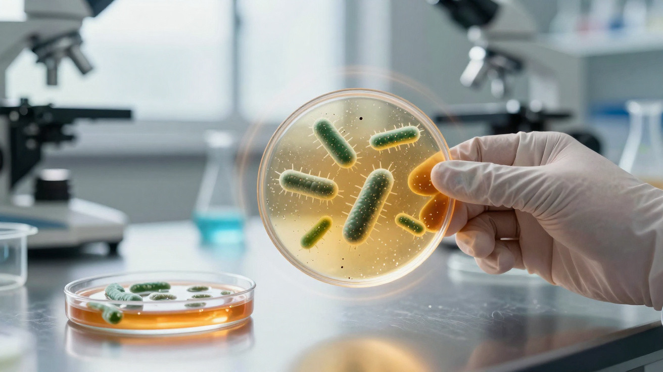 Mão com luva segurando placa de Petri com bactérias verdes em laboratório científico.