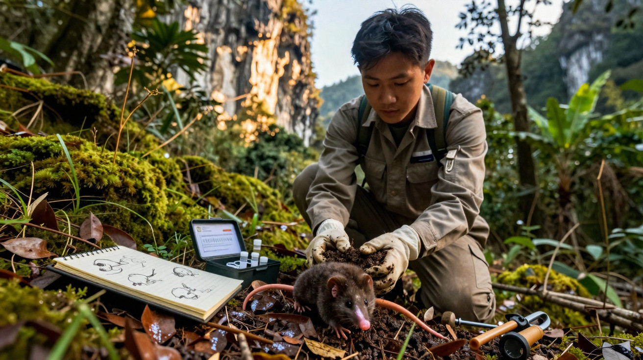 Cientista segura um rato em floresta com caderno de anotações e equipamentos científicos ao redor.