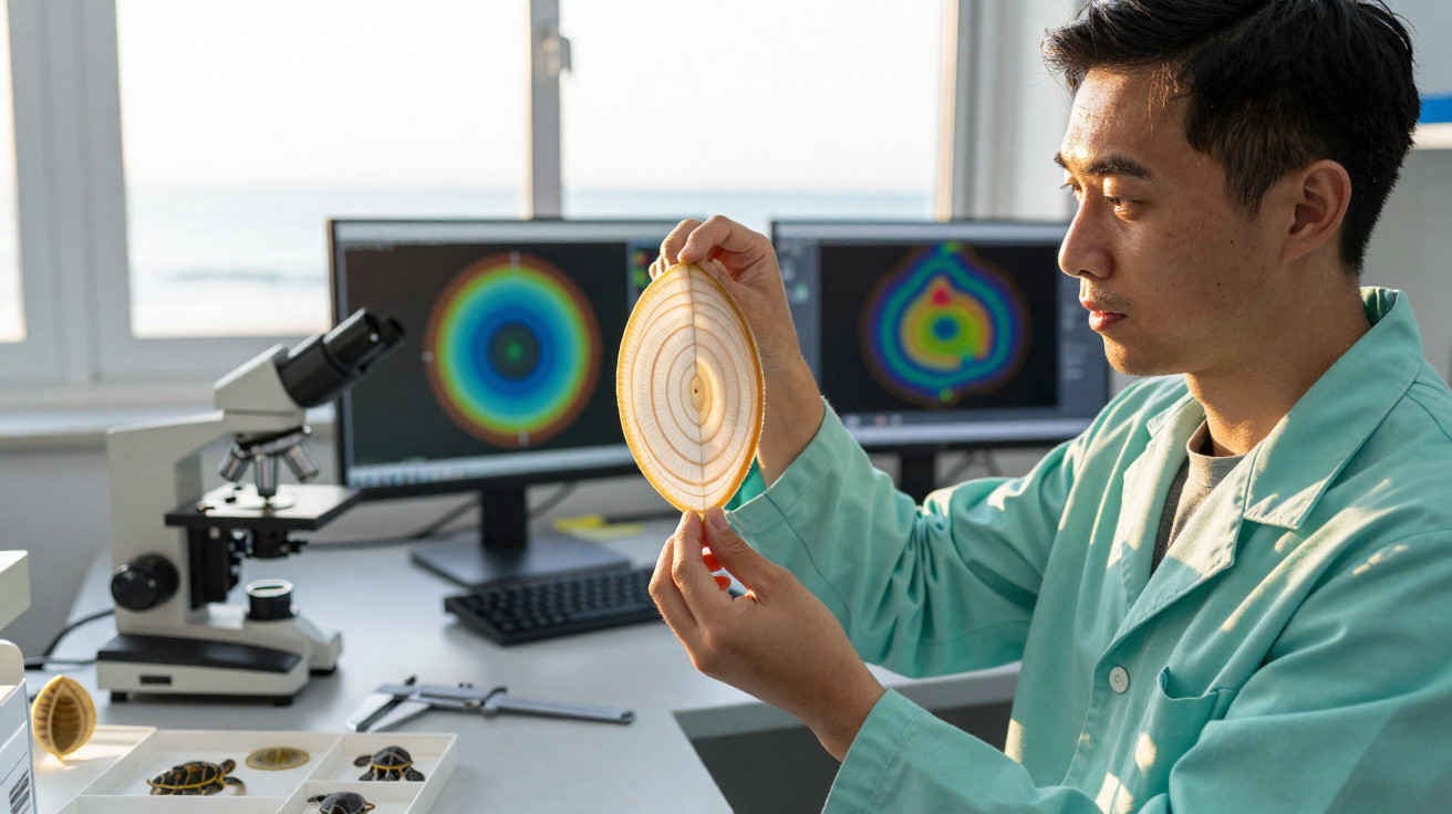 Homem em jaleco verde analisando seção transversal de madeira em laboratório com microscópio e monitores.