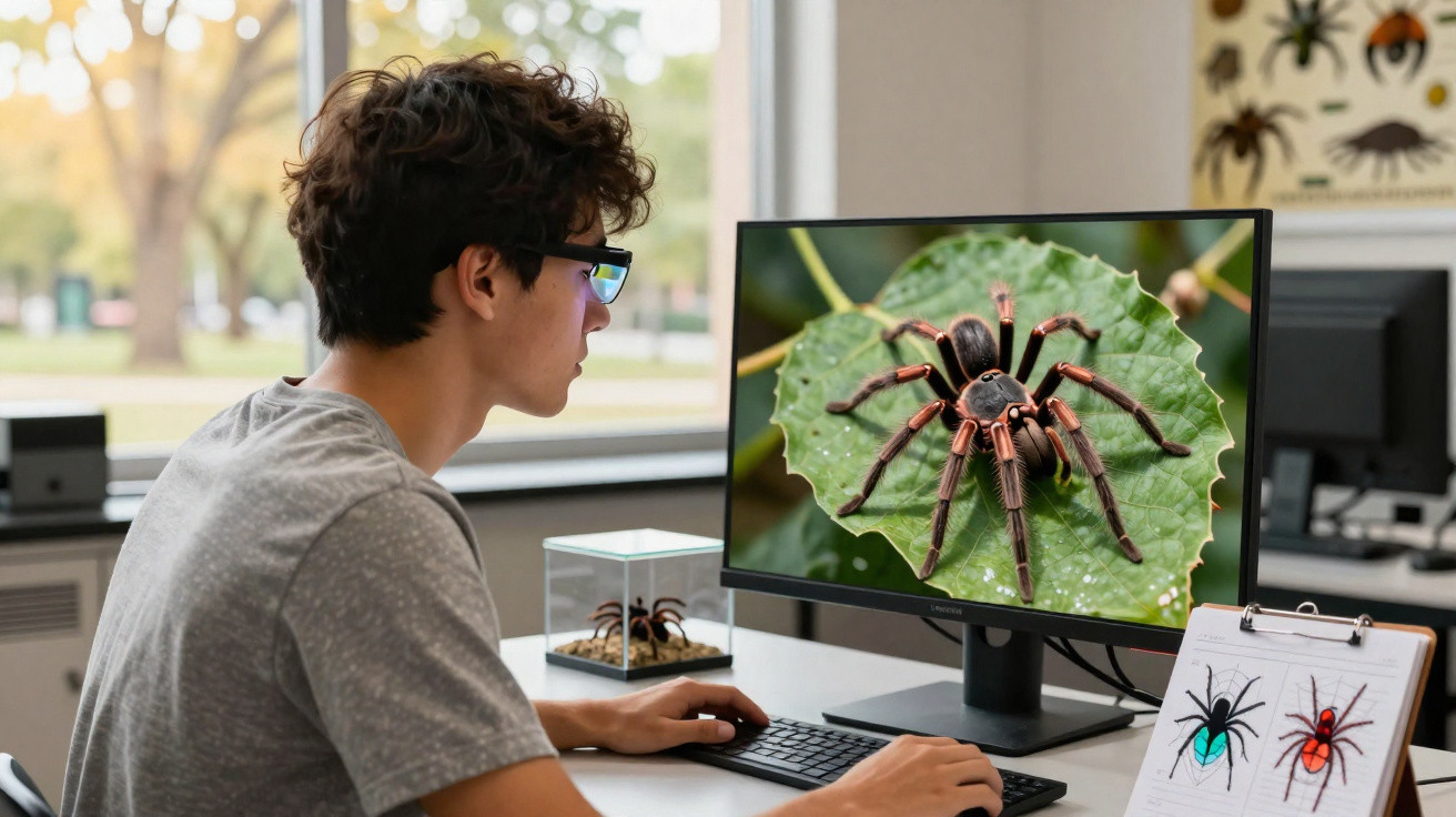 Jovem estuda aranhas com imagem de aranha na tela, terrário e ilustrações em prancheta.