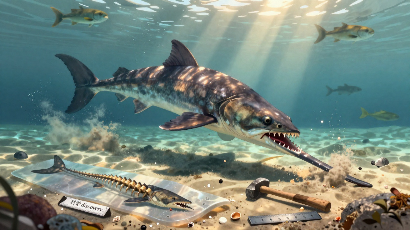 Peixe pré-histórico com dentes afiados nadando perto do fundo do mar com ferramentas científicas e ossos.