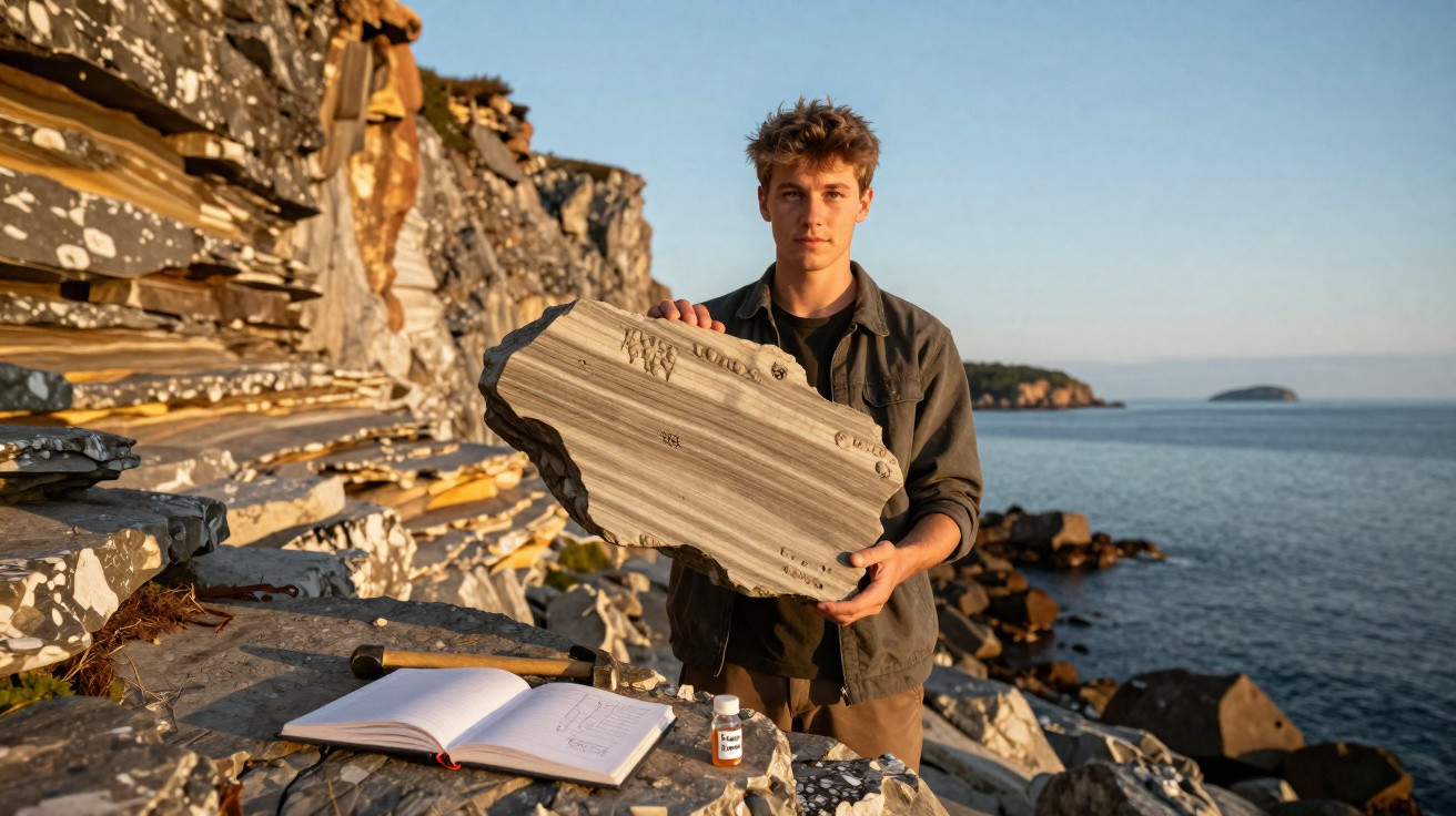 Jovem segura grande pedra com inscrições em área rochosa próxima ao mar durante o pôr do sol.