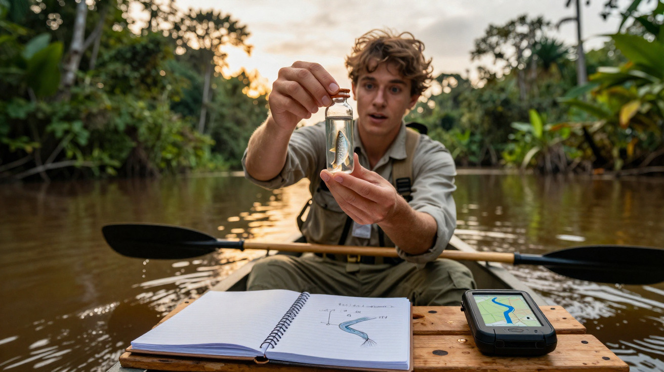 Jovem em caiaque segurando frasco com peixe para estudo, com caderno aberto e GPS na água cercada por vegetação.