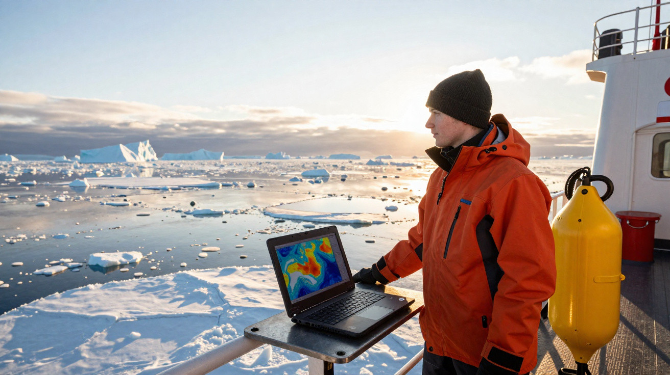 Pesquisador em roupa de frio observa dados em laptop a bordo de navio em área gelada com icebergs.