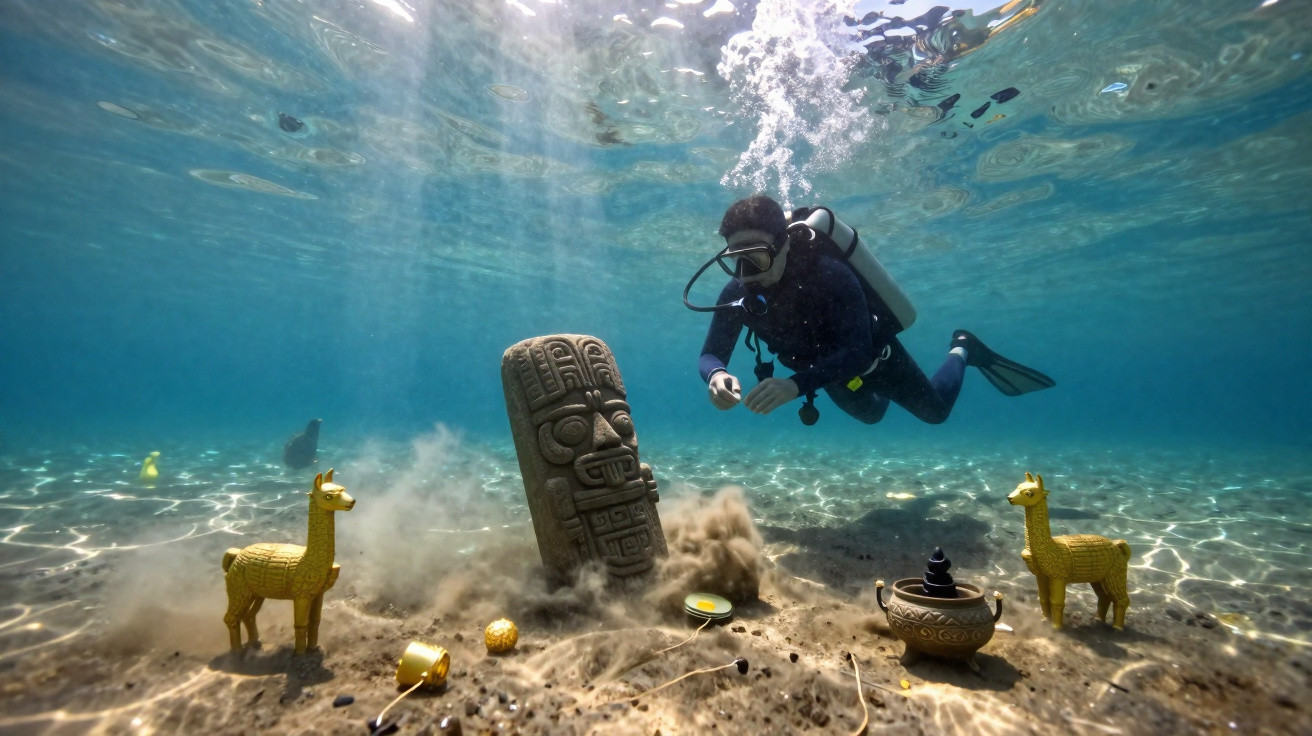 Mergulhador explorando estátua submersa e artefatos arqueológicos no fundo do mar cristalino.