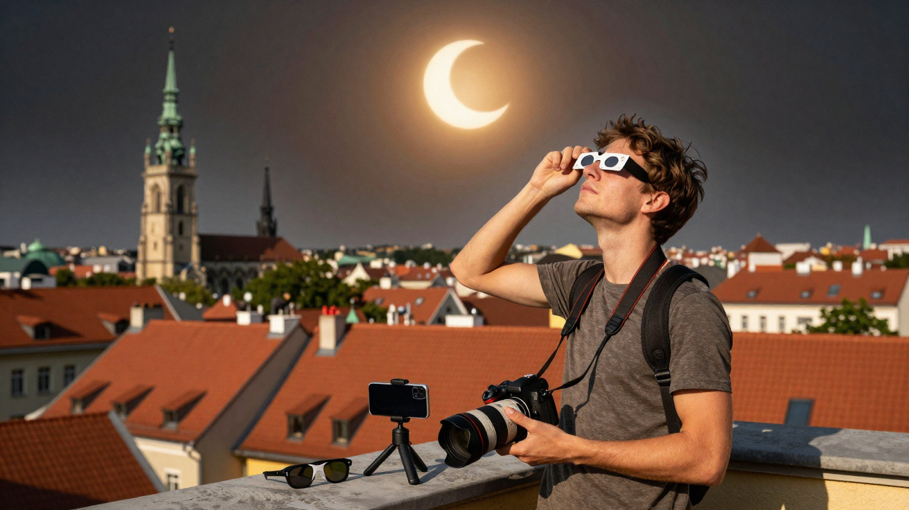 Homem usando óculos especiais observa eclipse solar em cidade com prédios e igreja ao fundo.