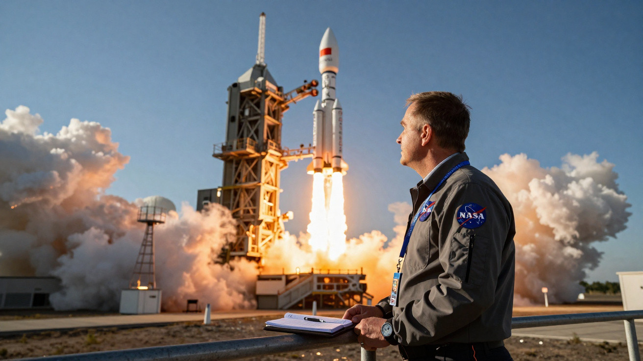 Homem observa foguete da NASA decolando em plataforma de lançamento ao entardecer.