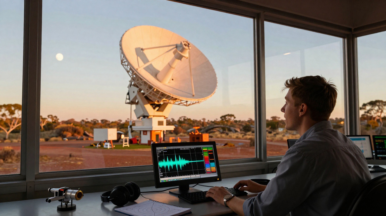 Homem monitora ondas sonoras no computador em sala com vista para grande antena parabólica externa.