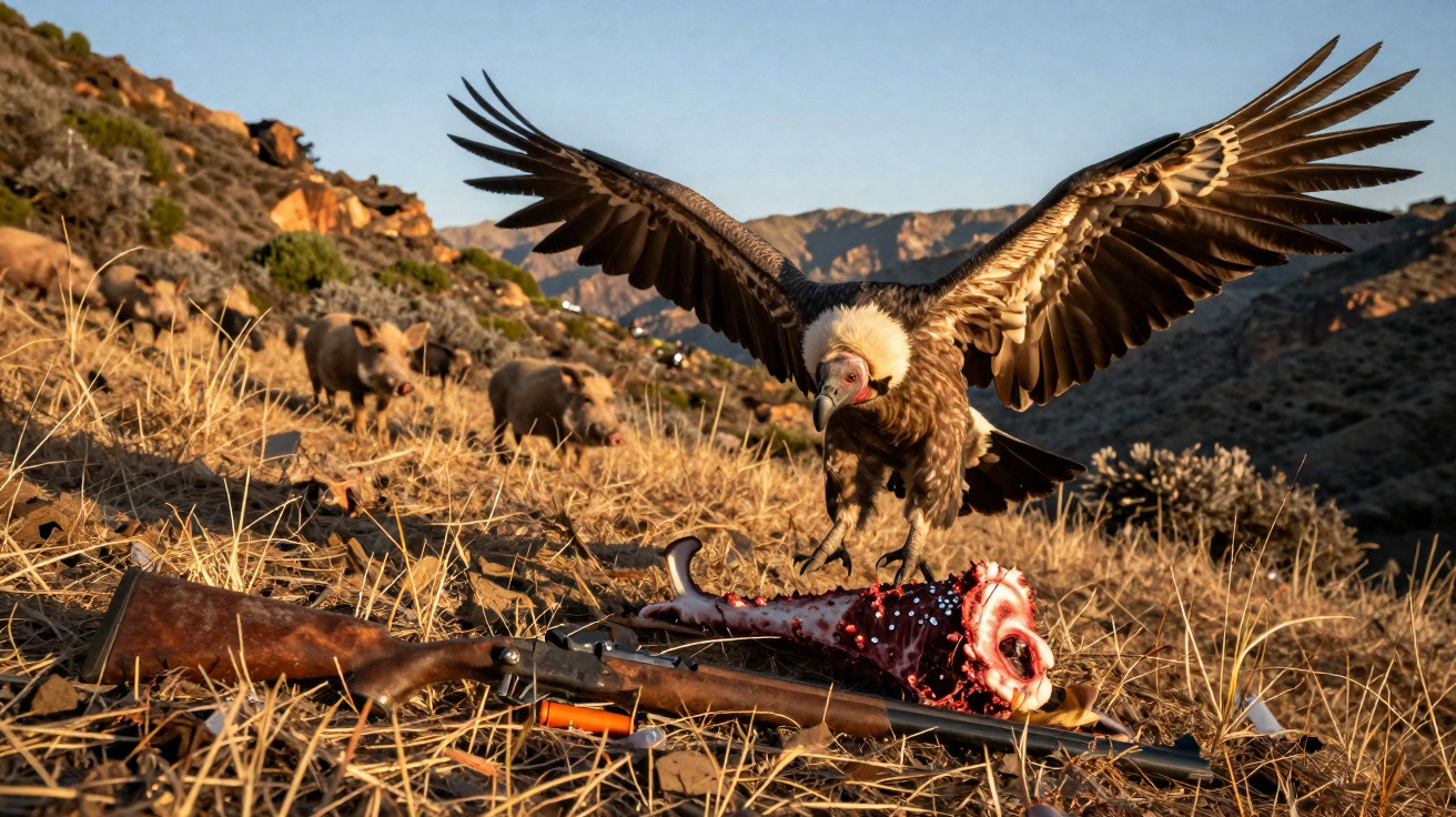 Urubu-de-cabeça-branca pousa sobre rifle e carcaça em campo seco com javalis ao fundo e montanhas ao longe.