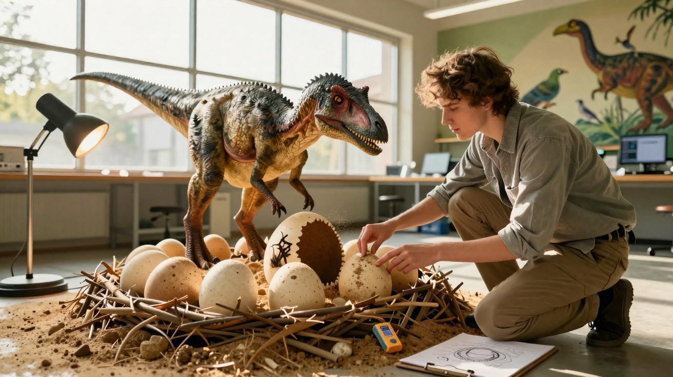 Jovem examina ovos de dinossauro em laboratório com modelo realista de dinossauro ao lado.