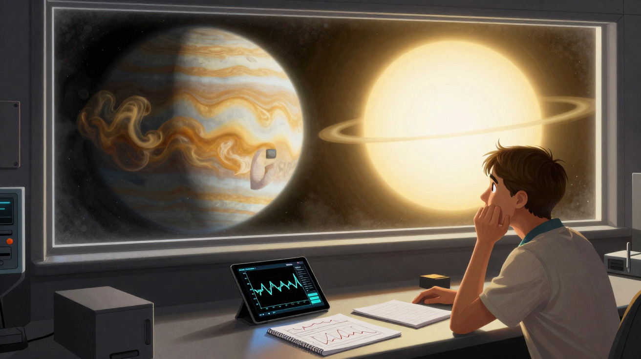 Jovem observando planetas e anotações em mesa de laboratório com tela mostrando dados gráficos.