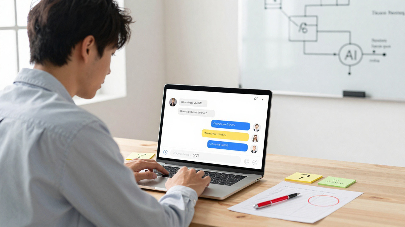 Homem usando laptop com conversa de chat aberta, em mesa com papéis, caneta e post-its.