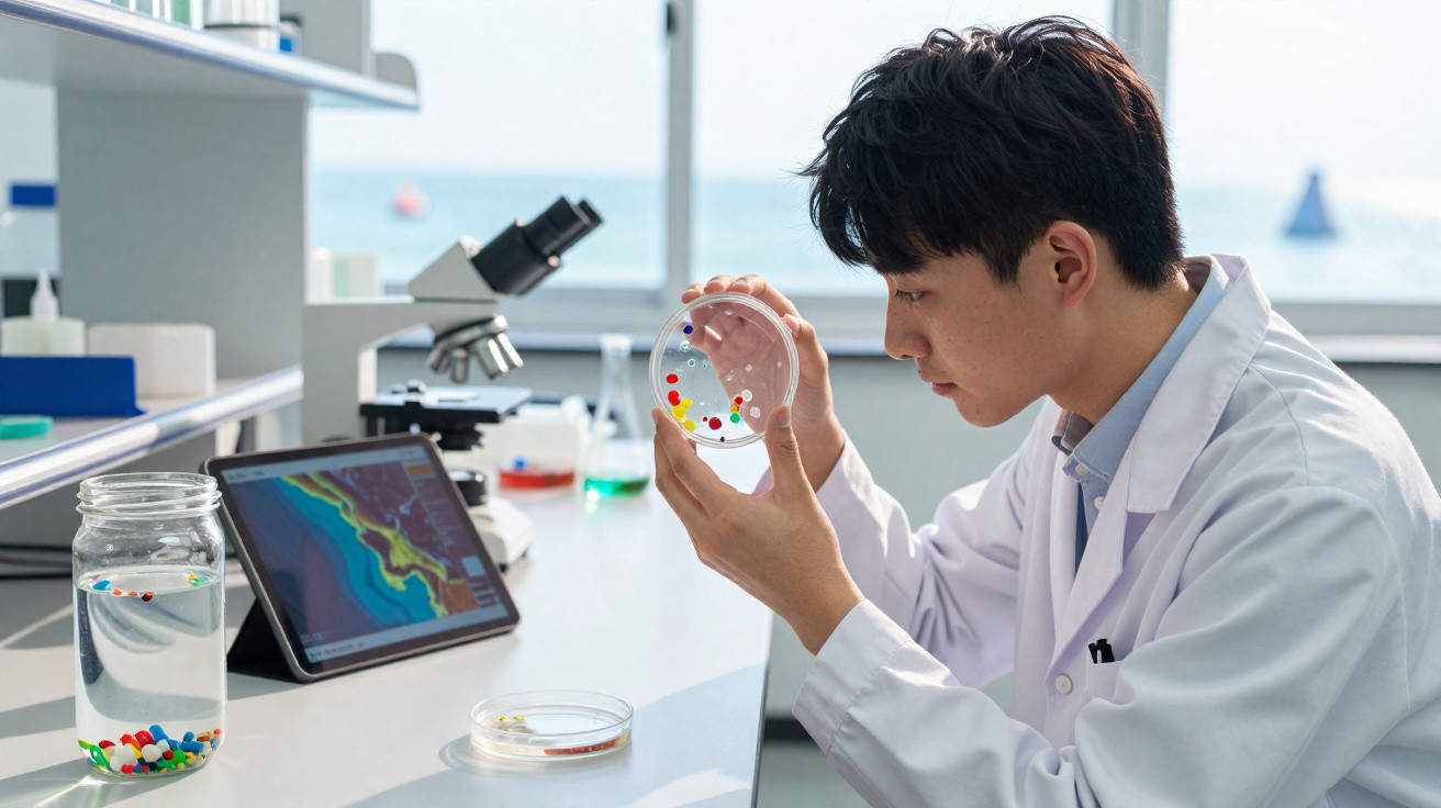 Cientista em laboratório analisando placa de Petri com bolinhas coloridas, computador e microscópio ao fundo.