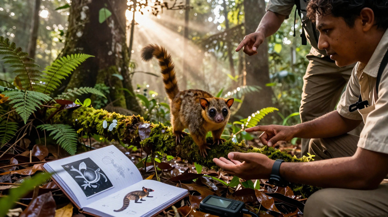 Pesquisador observa marsupial em tronco com livro aberto sobre a fauna na floresta.